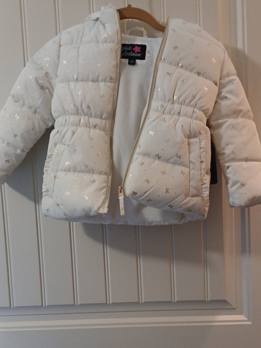 Toddler Or Young Child White Hooded Puffer Jacket with Subtle Ribbon Print